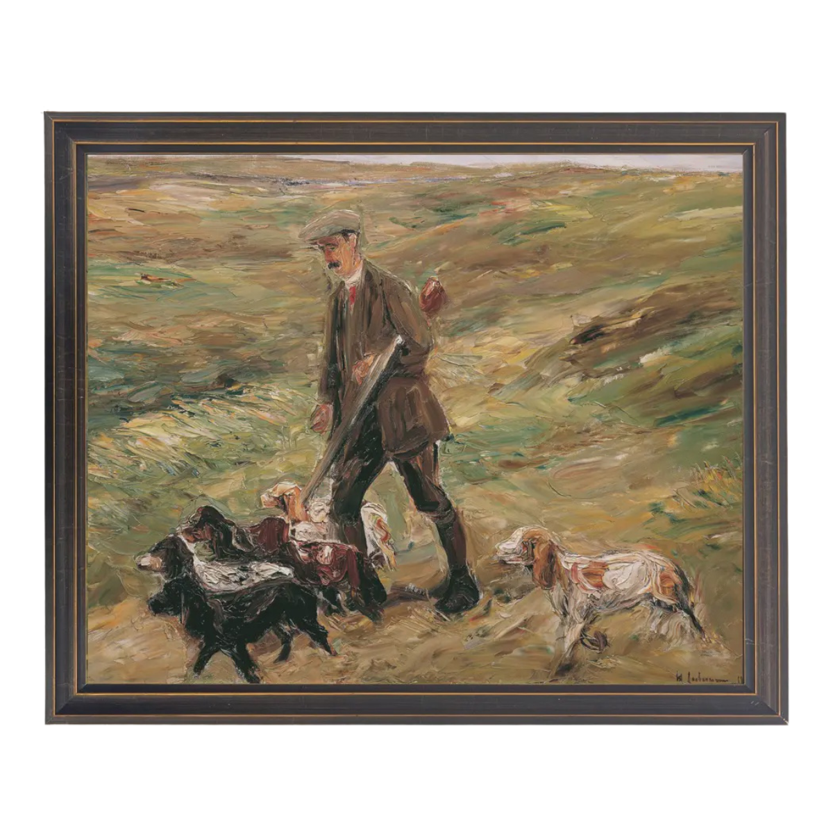 Framed Vintage Oil Painting Reproduction Man & Dogs